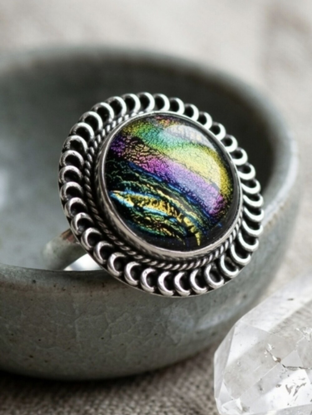 925 Sterling Silver Artisanal Rainbow Dichroic Glass Statement Ring Size 9